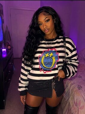 AKIRA Black & White Striped Sweatshirt with Colorful Smiley Patch